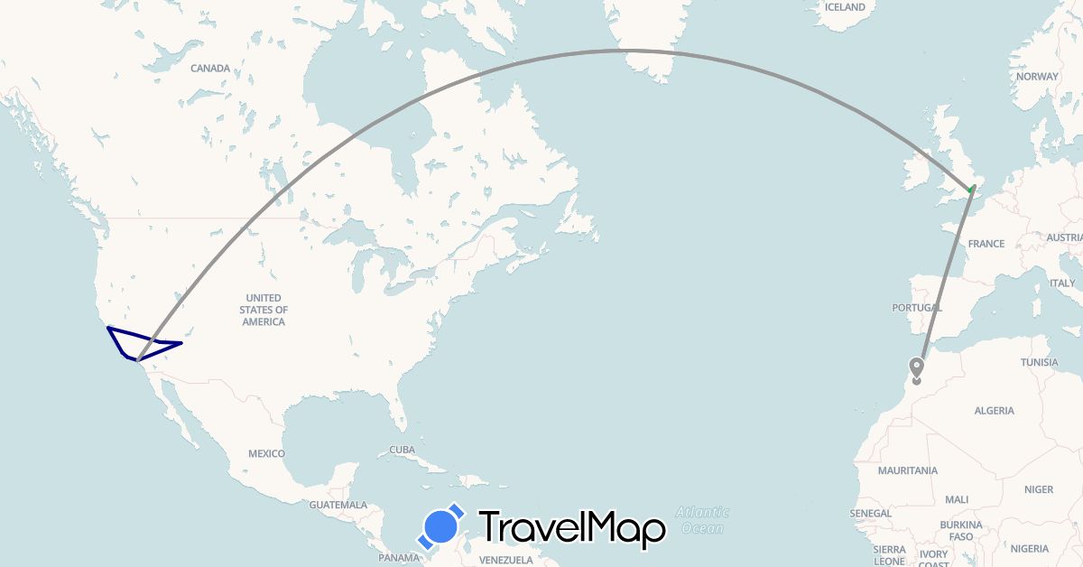 TravelMap itinerary: driving, bus, plane in United Kingdom, Morocco, United States (Africa, Europe, North America)
